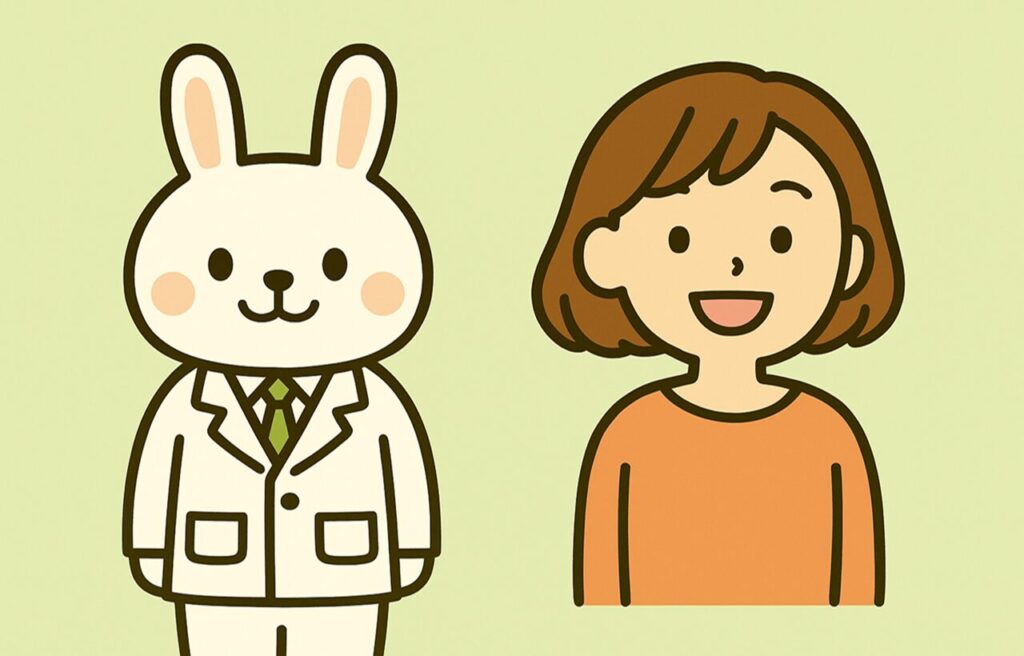 「白衣を着たうさぎの薬剤師・みどりん」と、「オレンジの服を着た女性・すずちゃん」が並んで明るい表情で微笑んでいる。背景は淡い緑色で、全体的にやさしく親しみやすい印象のイラスト。記事のまとめ・締めくくりを明るく前向きに演出する構図。
